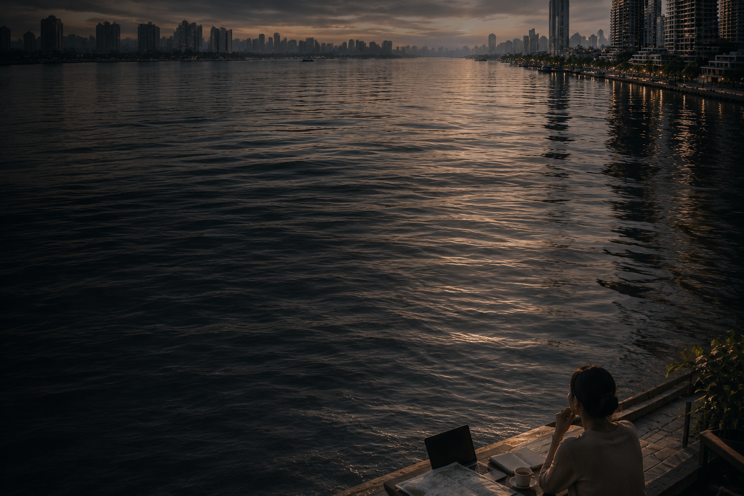 A workspace overlooking a city skyline at dusk, laptop and coffee on the desk